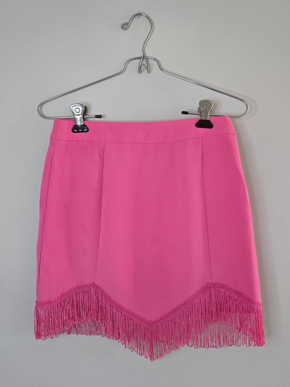 Altar'd State bright pink mini skirt, fringe hem, a line, panel seams, new
